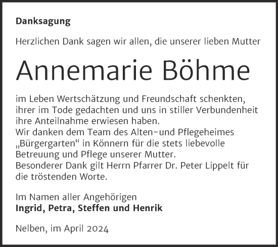 Traueranzeige von Annemarie Böhme von Trauerkombi Bernburg