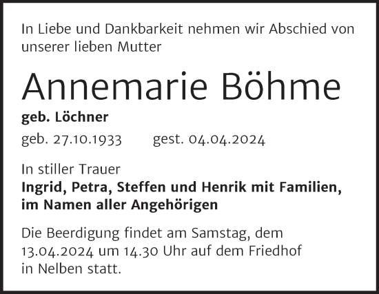 Traueranzeige von Annemarie Böhme von Mitteldeutsche Zeitung Bernburg