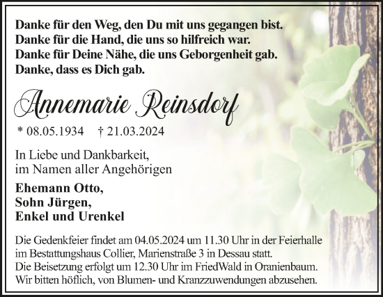 Traueranzeige von Annemarie Reinsdorf von Trauerkombi Dessau