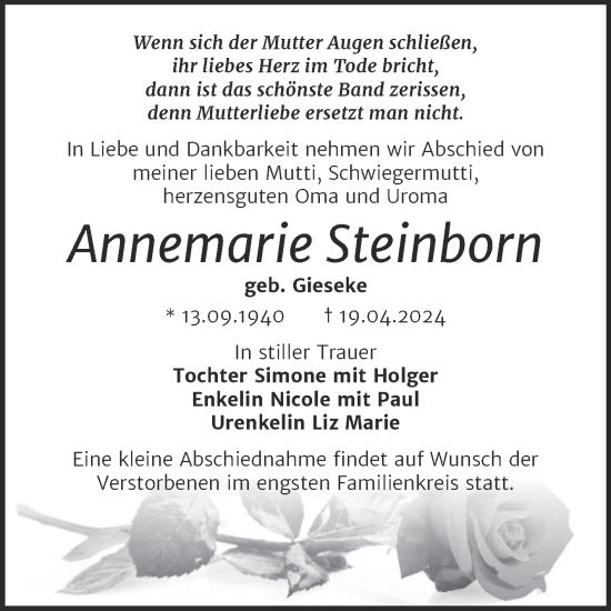 Traueranzeige von Annemarie Steinborn von Trauerkombi Bitterfeld