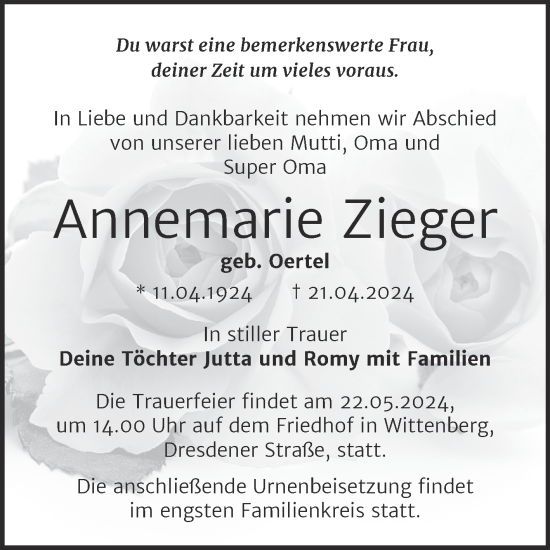 Traueranzeige von Annemarie Zieger von Trauerkombi Wittenberg