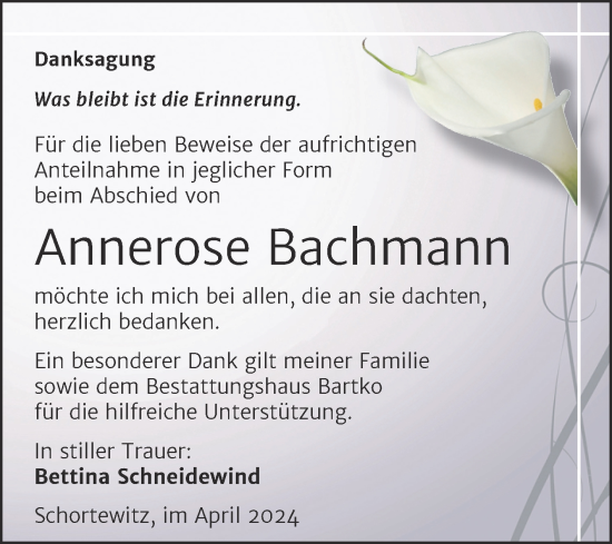 Traueranzeige von Annerose Bachmann von Trauerkombi Köthen