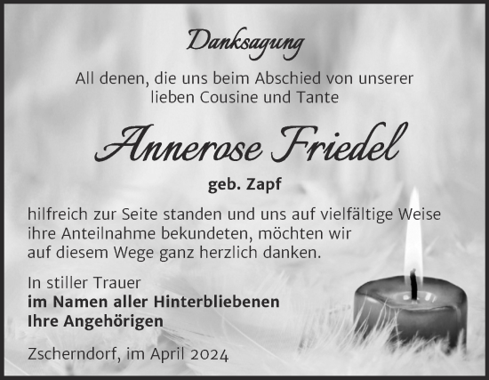 Traueranzeige von Annerose Friedel von Trauerkombi Bitterfeld