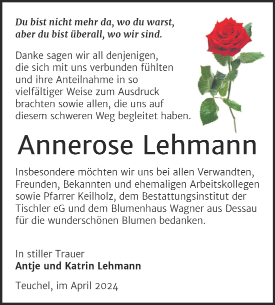 Traueranzeige von Annerose Lehmann von Trauerkombi Wittenberg
