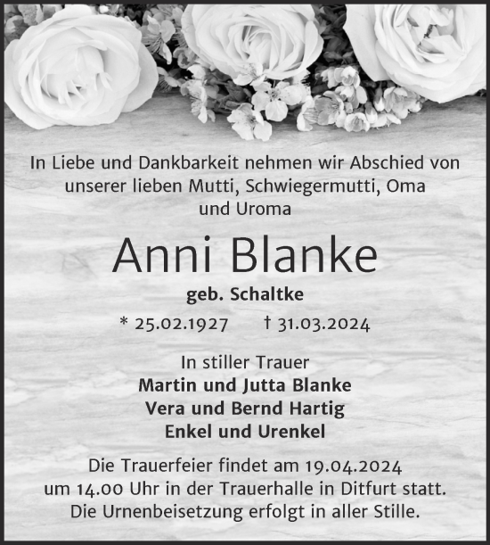 Traueranzeige von Anni Blanke von Trauerkombi Quedlinburg
