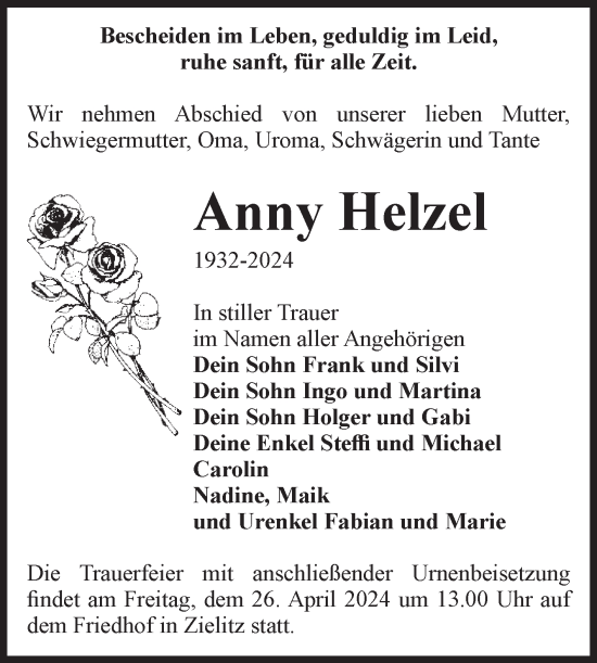 Traueranzeige von Anny Helzel von Volksstimme Haldensleben/Wolmirstedt