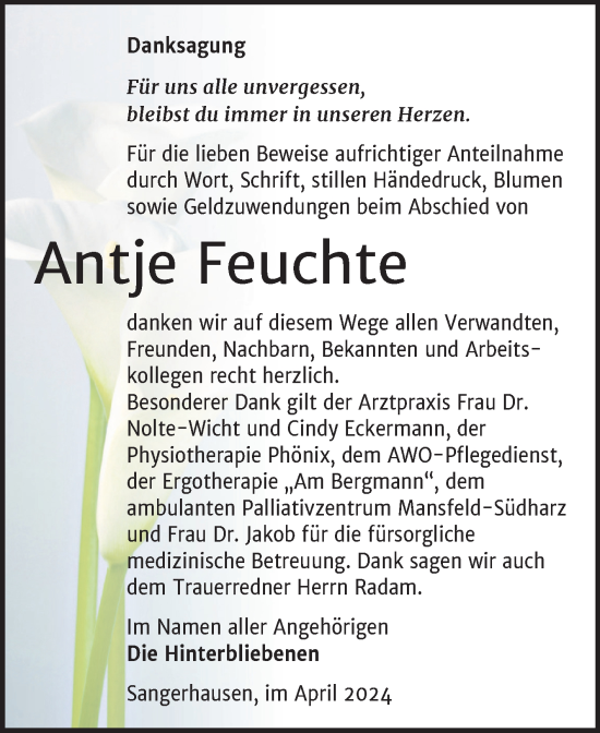 Traueranzeige von Antje Feuchte von Trauerkombi Sangerhausen