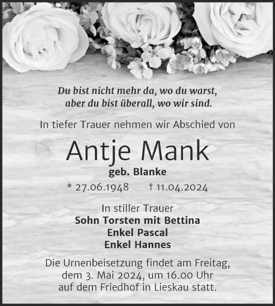 Traueranzeige von Antje Mank von Mitteldeutsche Zeitung Halle/Saalkreis