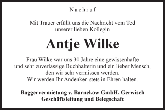 Traueranzeige von Antje Wilke von Volksstimme Burg/Genthin