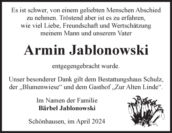 Traueranzeige von Armin Jablonowski von Volksstimme Altmark Ost