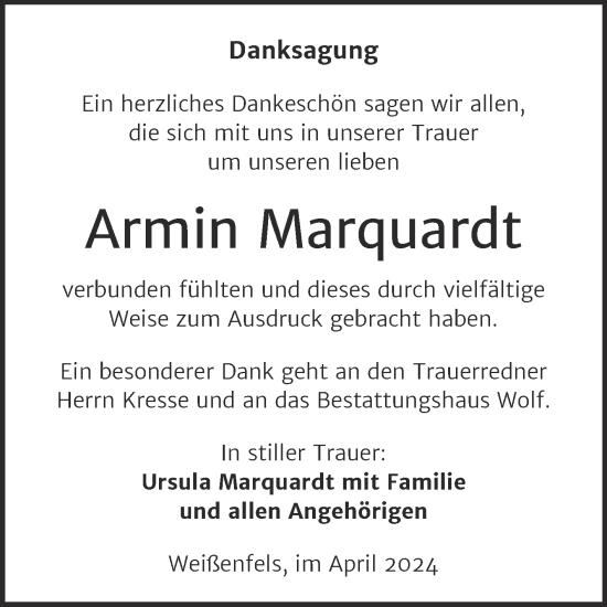 Traueranzeige von Armin Marquardt von Trauerkombi Weißenfels