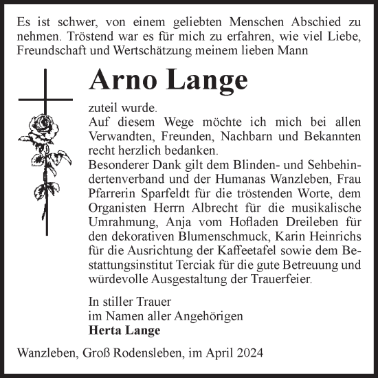 Traueranzeige von Arno Lange von Volksstimme Oschersleben/Wanzleben