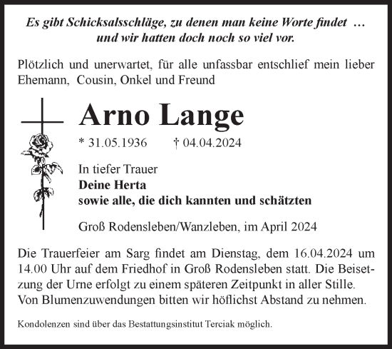 Traueranzeige von Arno Lange von Volksstimme Oschersleben/Wanzleben