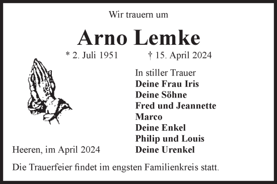 Traueranzeige von Arno Lemke von Volksstimme Altmark Ost