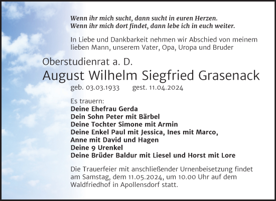Traueranzeige von August Wilhelm Siegfried Grasenack von Trauerkombi Wittenberg