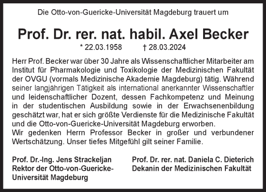Traueranzeige von Axel Becker von Volksstimme Magdeburg