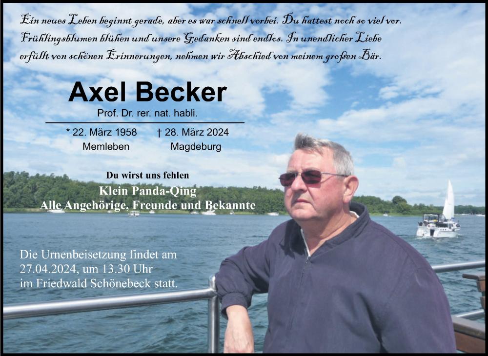  Traueranzeige für Axel Becker vom 06.04.2024 aus Volksstimme Magdeburg