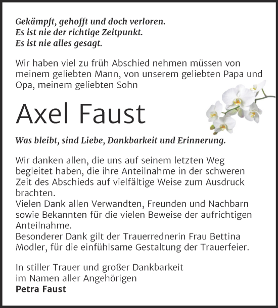 Traueranzeige von Axel Faust von Trauerkombi Wittenberg