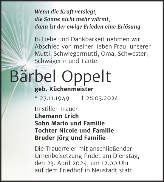 Traueranzeige von Bärbel Oppelt von Mitteldeutsche Zeitung Halle/Saalkreis