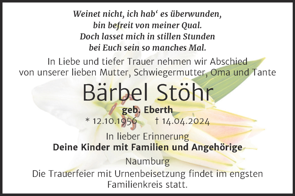  Traueranzeige für Bärbel Stöhr vom 27.04.2024 aus Super Sonntag Naumburg/Nebra