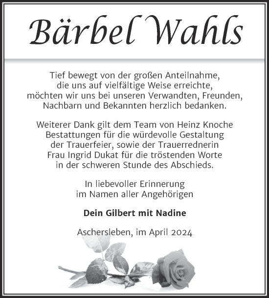 Traueranzeige von Bärbel Wahls von Trauerkombi Aschersleben