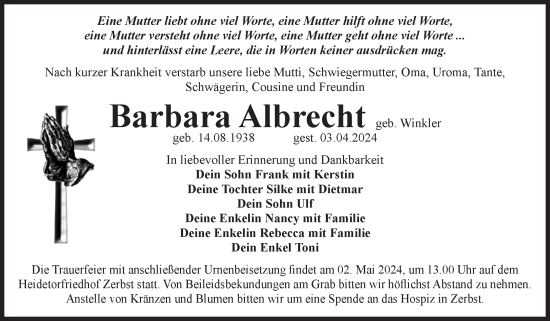 Traueranzeige von Barbara Albrecht von Volksstimme Zerbst
