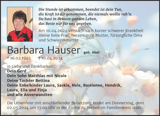 Traueranzeige von Barbara Hauser von Super Sonntag Weißenfels