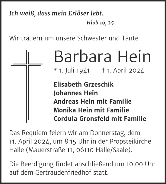 Traueranzeige von Barbara Hein von Mitteldeutsche Zeitung Halle/Saalkreis