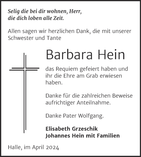 Traueranzeige von Barbara Hein von Mitteldeutsche Zeitung Halle/Saalkreis