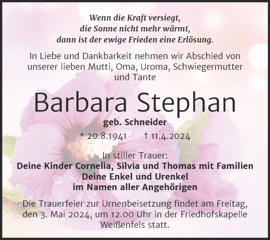 Traueranzeige von Barbara Stephan von Trauerkombi Weißenfels