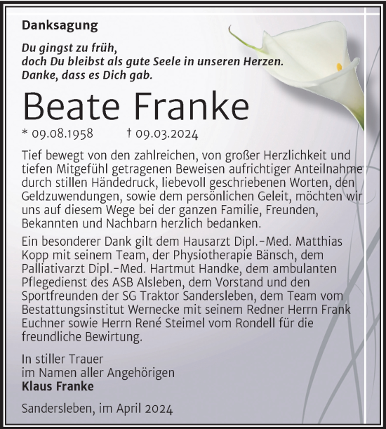 Traueranzeige von Beate Franke von Trauerkombi Mansfelder Land