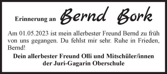 Traueranzeige von Bernd Bork von Volksstimme Magdeburg