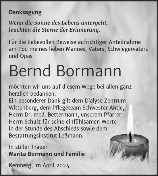 Traueranzeige von Bernd Bormann von Trauerkombi Wittenberg