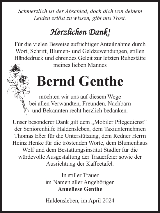 Traueranzeige von Bernd Genthe von Volksstimme Haldensleben/Wolmirstedt