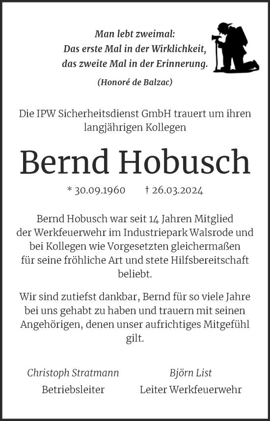Traueranzeige von Bernd Hobusch von Mitteldeutsche Zeitung Bitterfeld
