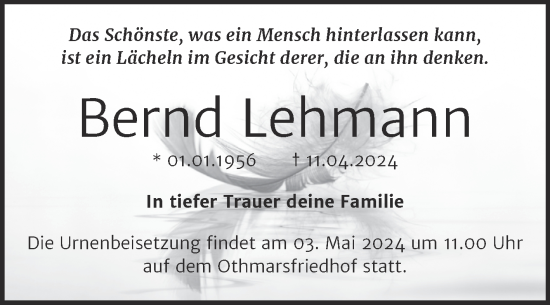 Traueranzeige von Bernd Lehmann von Super Sonntag Naumburg/Nebra