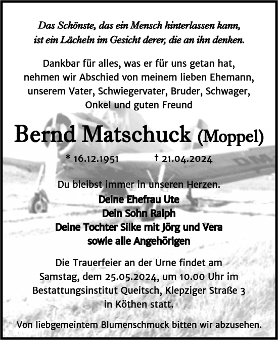 Traueranzeige von Bernd Matschuck von Trauerkombi Köthen