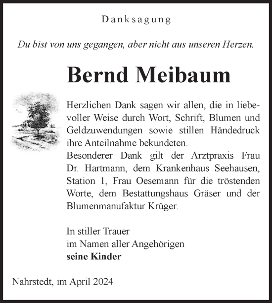 Traueranzeige von Bernd Meibaum von Volksstimme Altmark Ost