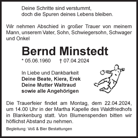 Traueranzeige von Bernd Minstedt von Volksstimme Wernigerode