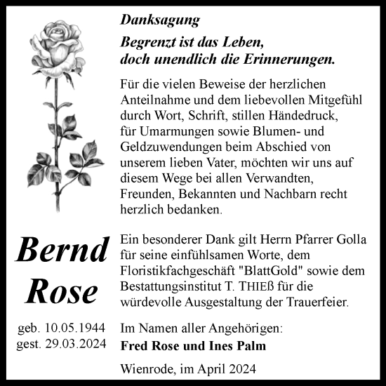 Traueranzeige von Bernd Rose von Mitteldeutsche Zeitung Quedlingburg