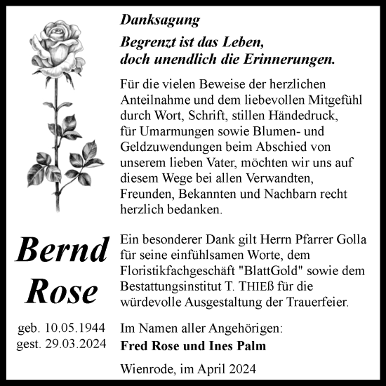 Traueranzeige von Bernd Rose von Volksstimme Wernigerode