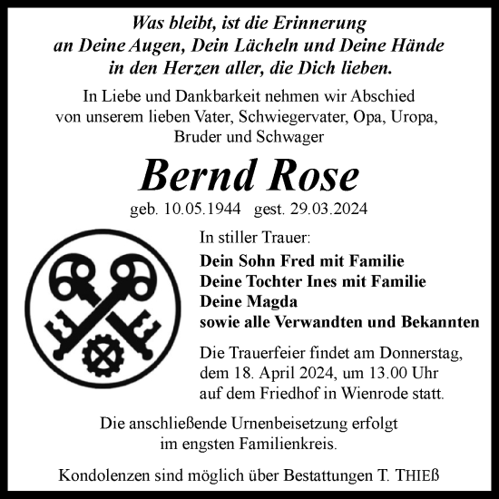 Traueranzeige von Bernd Rose von Mitteldeutsche Zeitung Quedlingburg