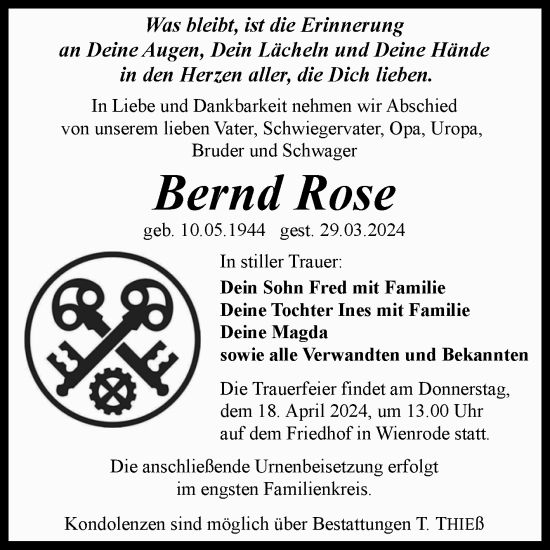 Traueranzeige von Bernd Rose von Volksstimme Wernigerode