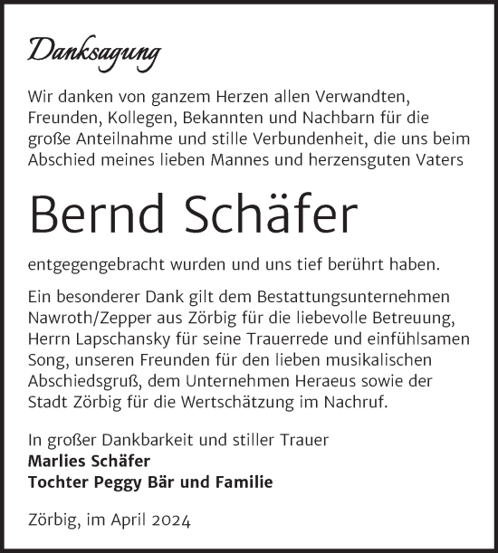 Traueranzeige von Bernd Schäfer von Trauerkombi Bitterfeld