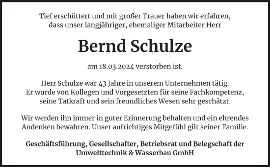 Traueranzeige von Bernd Schulze von Volksstimme Altmark Ost