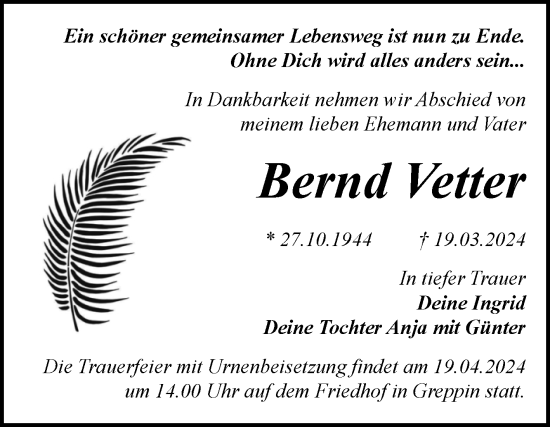 Traueranzeige von Bernd Vetter von Trauerkombi Bitterfeld