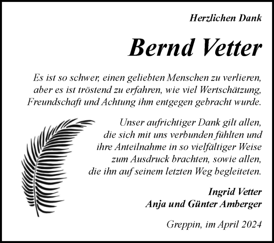Traueranzeige von Bernd Vetter von Trauerkombi Bitterfeld