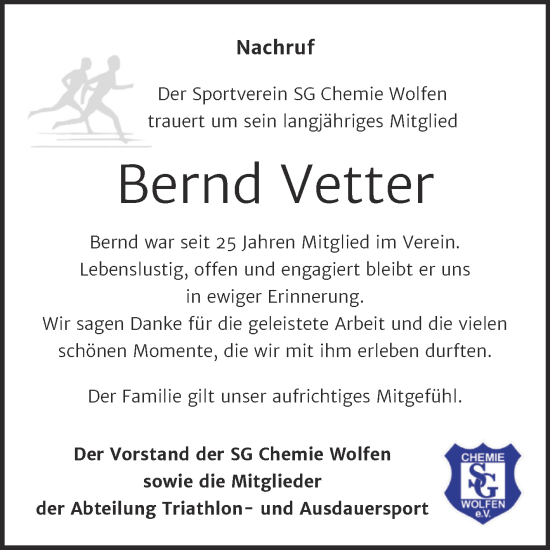 Traueranzeige von Bernd Vetter von Trauerkombi Bitterfeld