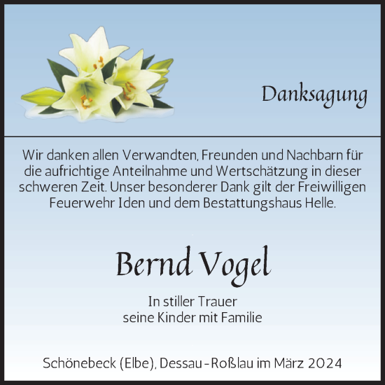 Traueranzeige von Bernd Vogel von Volksstimme Altmark Ost