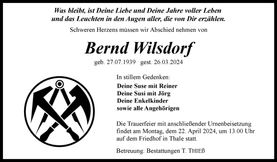Traueranzeige von Bernd Wilsdorf von Volksstimme Wernigerode